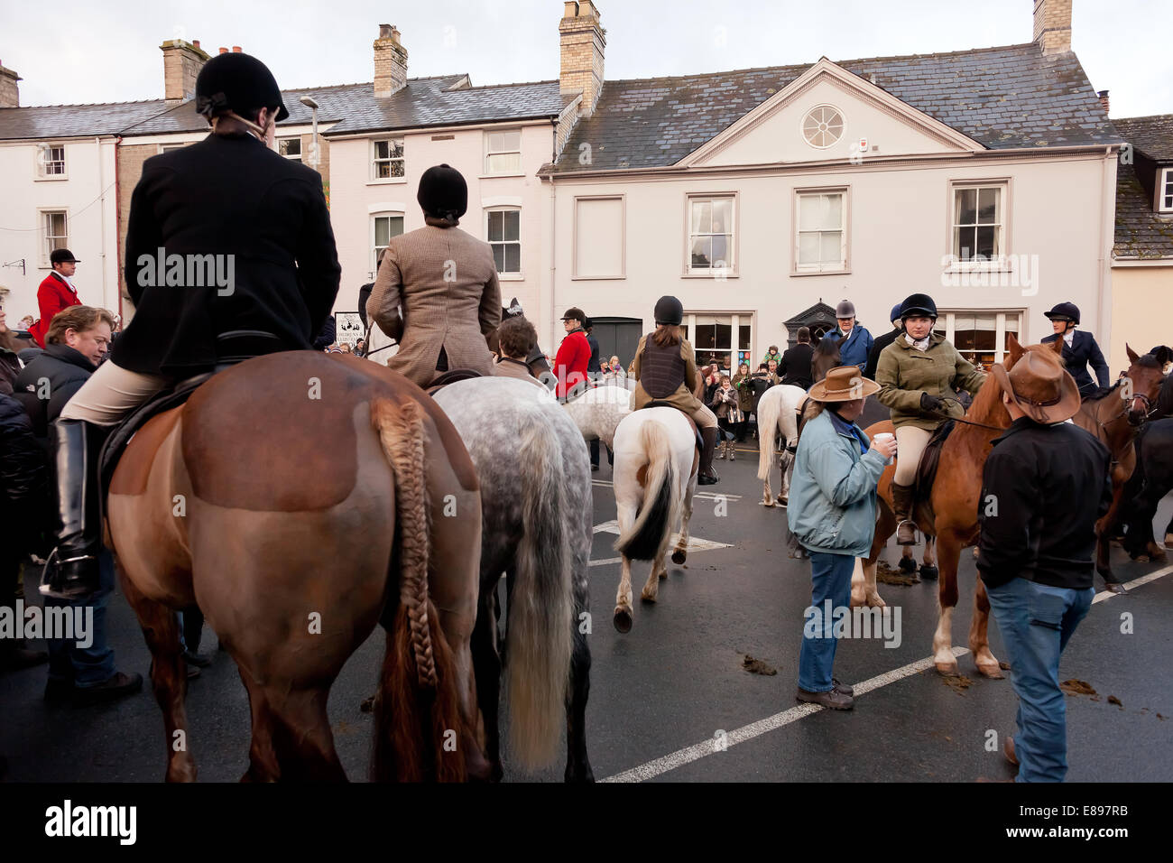 Horses and riders assembled with hunt supporters Stock Photo