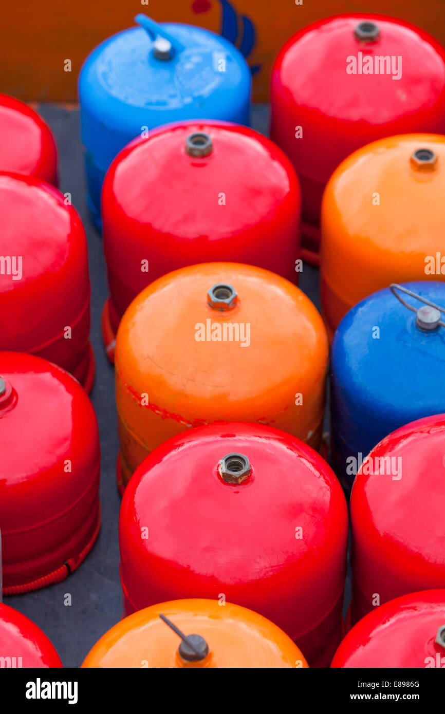Bright metal gas bottles. Vertical outdoor shot Stock Photo Alamy