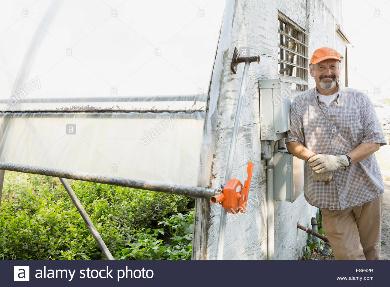 Portrait of smiling worker outside greenhouse Stock Photo