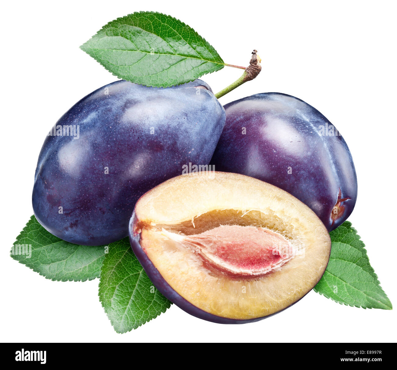 Three plums with leaf. File contains clipping paths. Stock Photo
