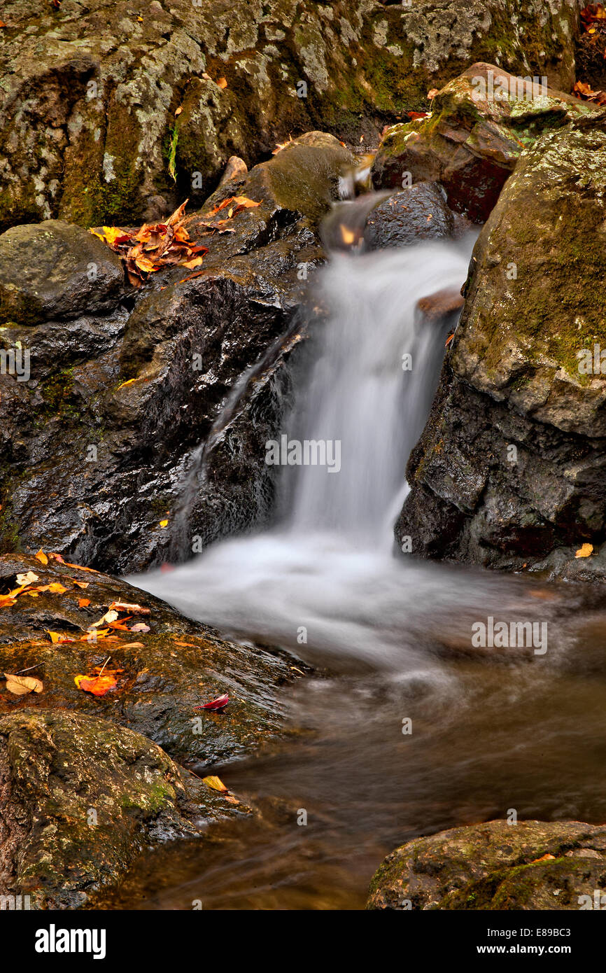 Waterfall cascade in autumn, surrounded by rocks, boulders and colorful fall foliage. Stock Photo