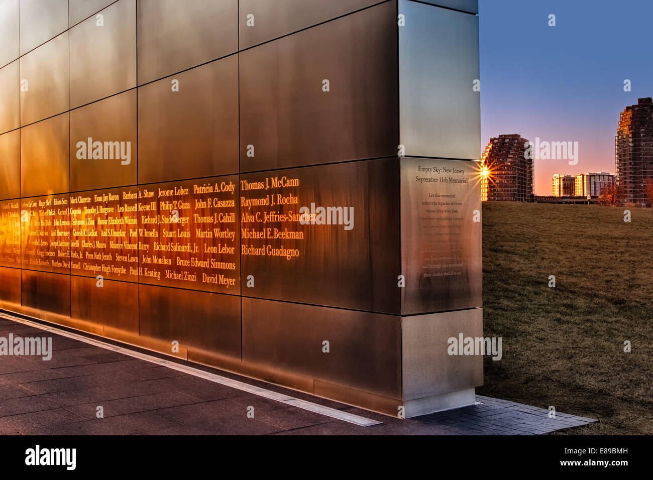 Empty Sky September 11th Memorial at sunset, located in Liberty State Park, New Jersey. Stock Photo