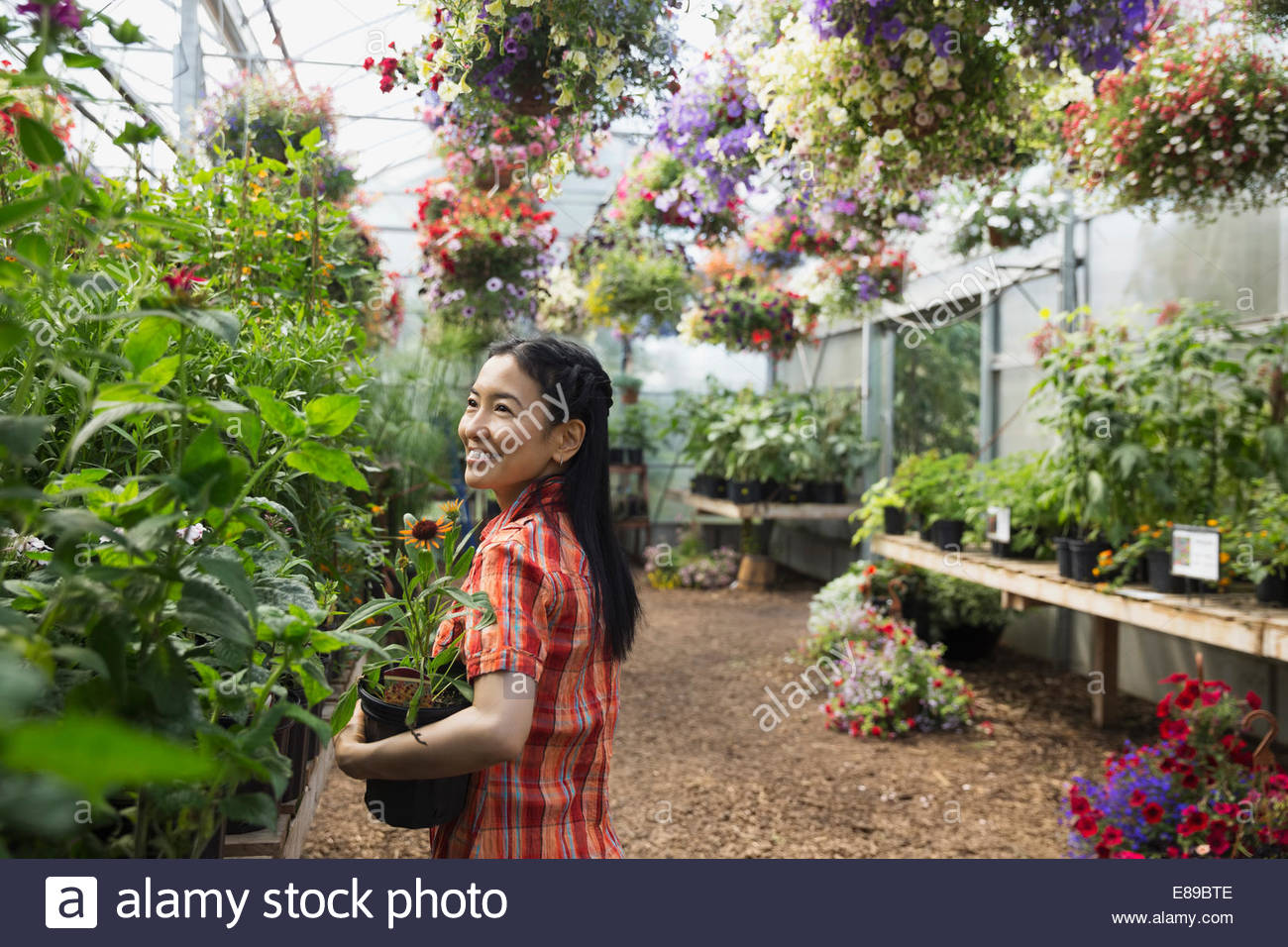 Smiling woman with flowers in plant nursery greenhouse Stock Photo - Alamy