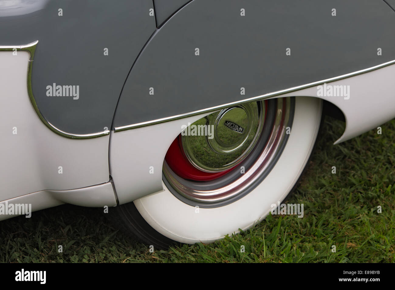 1959 classic Jaguar Mark IV automobile tire. Stock Photo