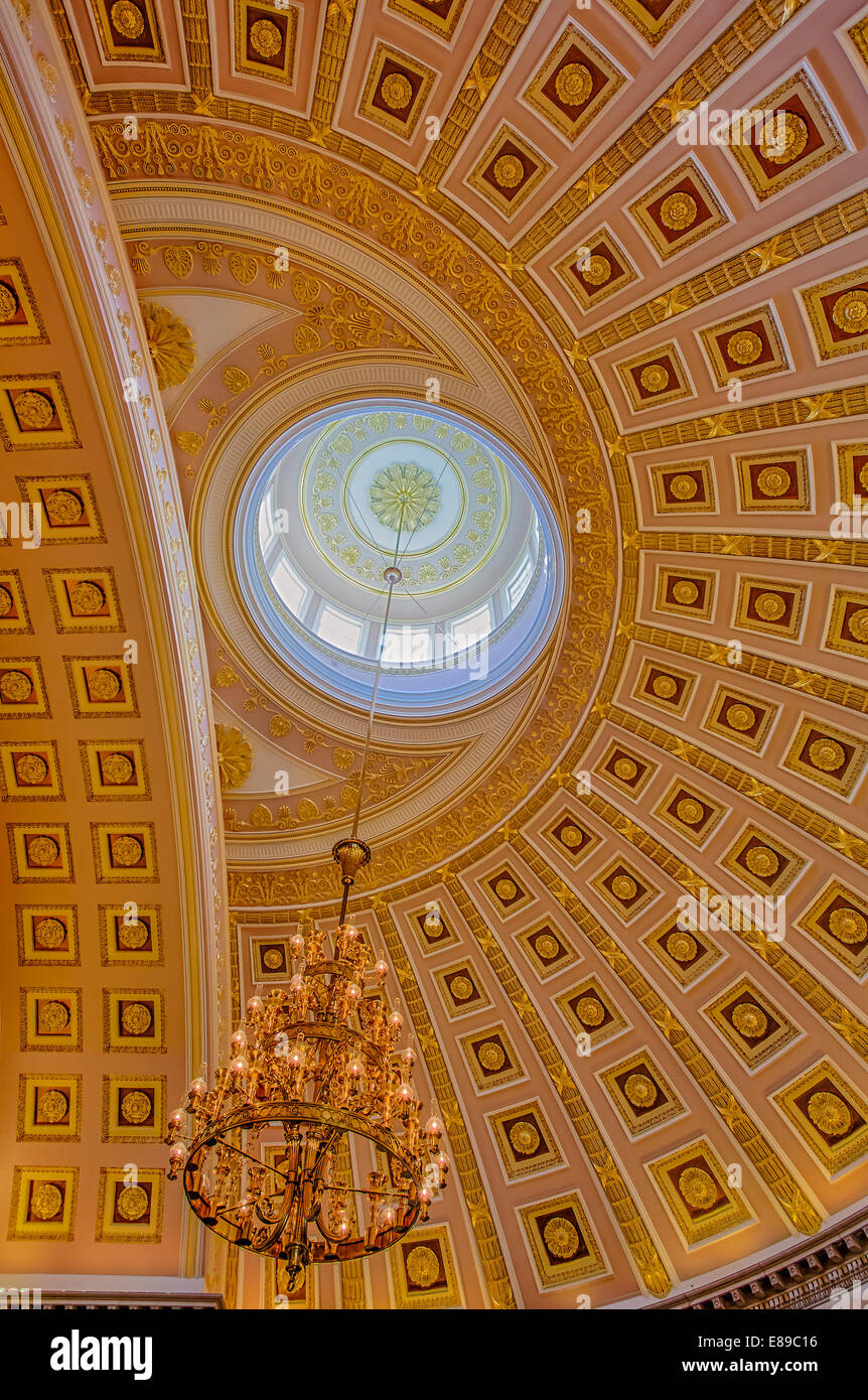 A details view to the different shapes, patterns and glamorous chandelier that makes up the National Statuary Rotunda in the United States Capitol building in Washington DC. Stock Photo