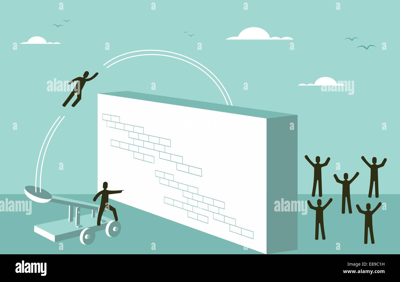 Business strategy plan. Teamwork motivational jump wall to teamwork success concept illustration. EPS10 vector file organized in Stock Photo