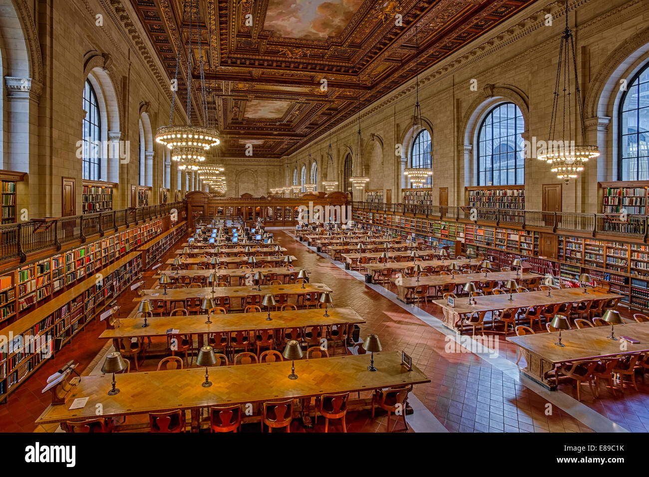 An upper view from the balcony to the Rose Main Reading Room in the New York Public Library's main branch, located on 5th Avenue and 42nd Street in New York City. Stock Photo