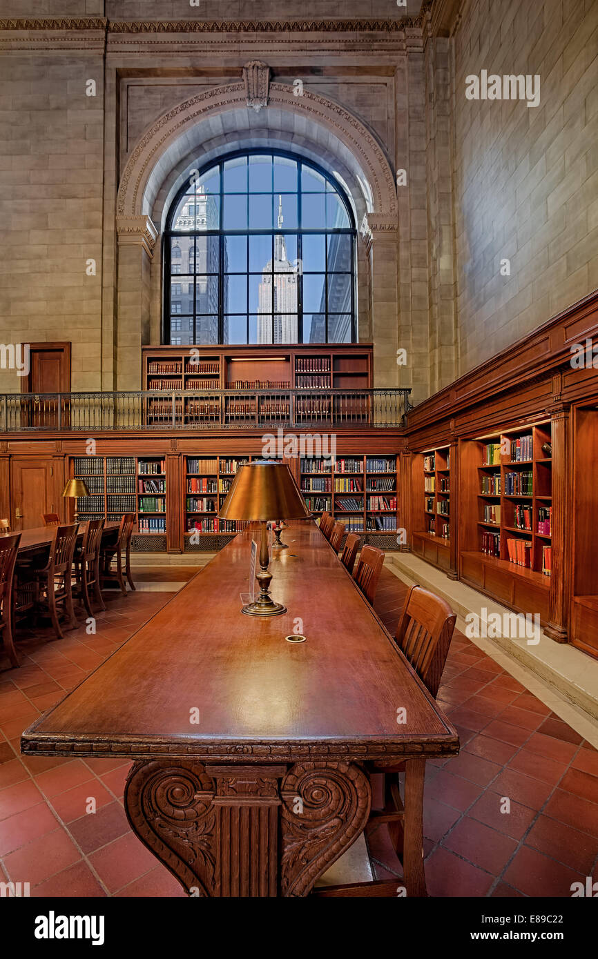 A view to the Empire State Building from the interior of the Stephen A. Schwarzman Building commonly referred to as the New York Public Library in New York City. Stock Photo