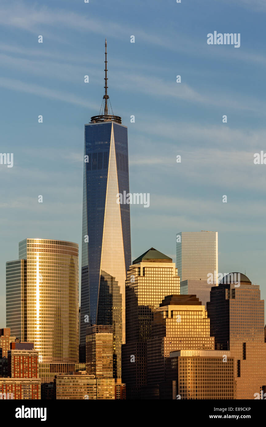 One World Trade Center also know as The Freedom Tower along other New York City Skyline skyscrapers in Battery Park, New York. Stock Photo