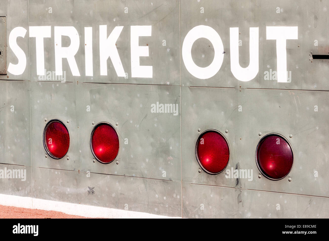 Fenway Park's Green Monster section of the Strike - Out manual scoreboard. Stock Photo