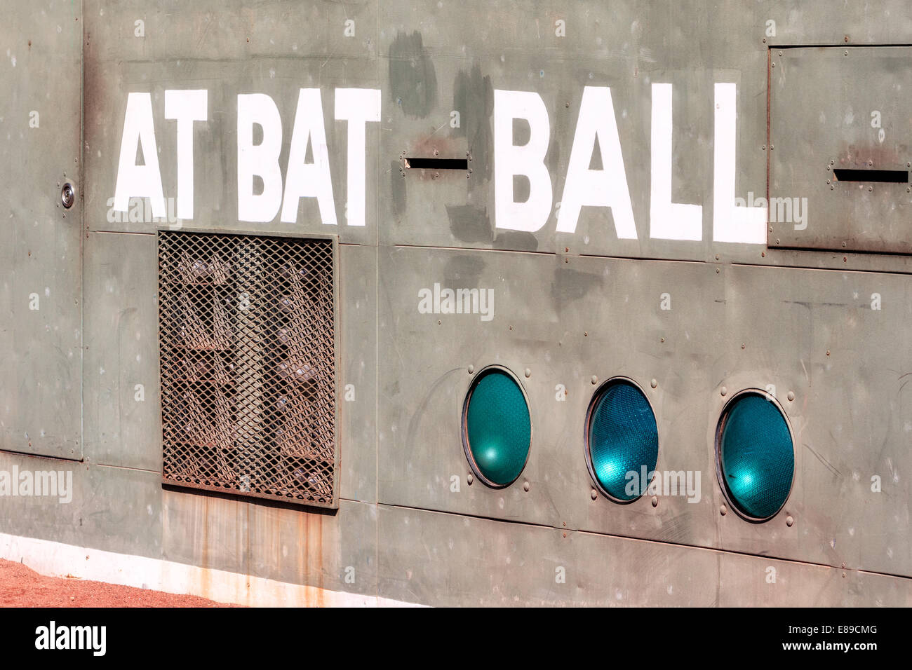 Fenway Park's Green Monster section of the At Bat - Ball manual scoreboard. Stock Photo
