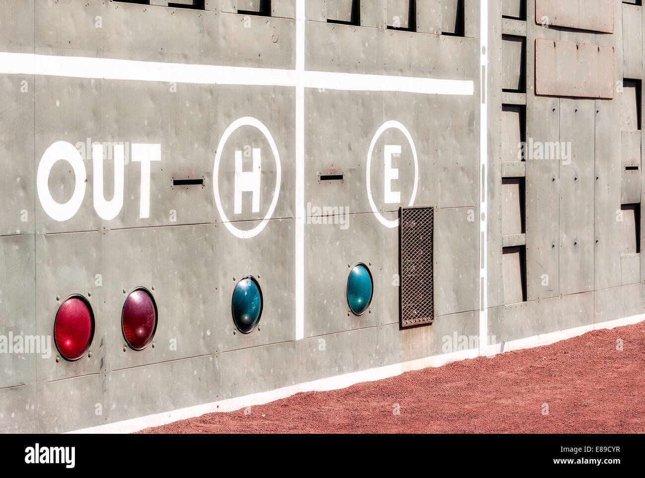 Fenway Park's Green Monster section of Out - H - E -  of the manual scoreboard. Stock Photo