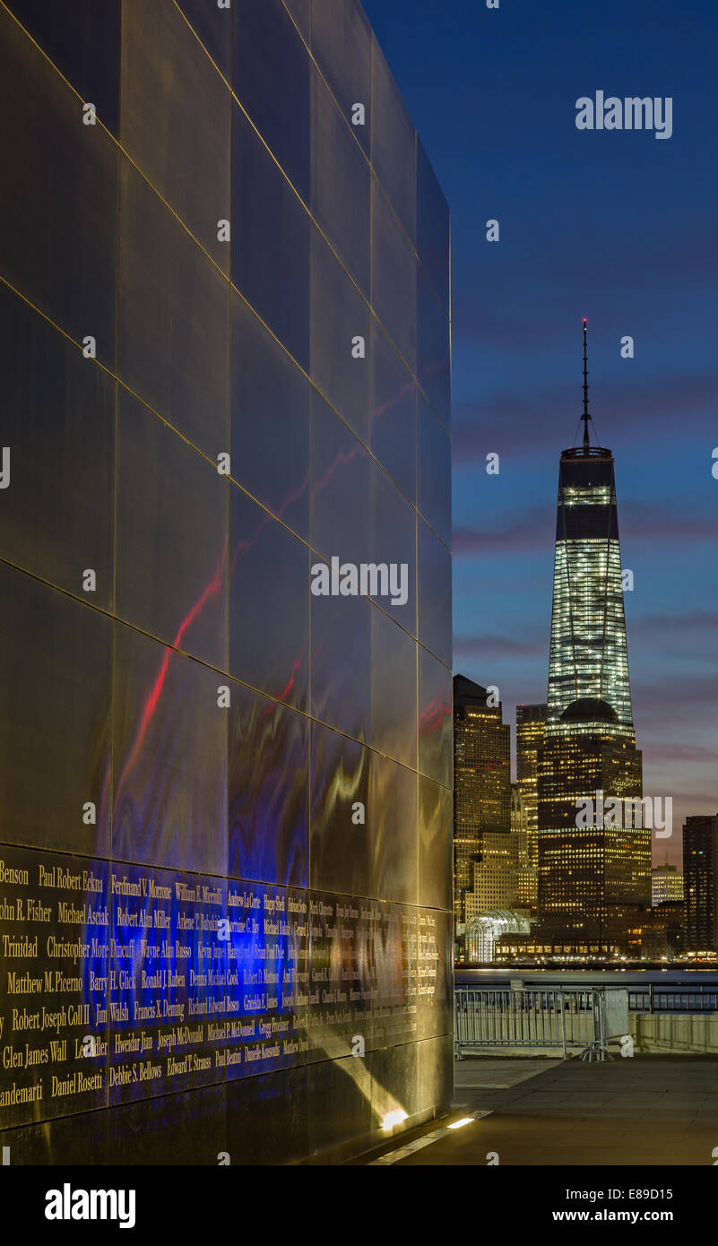 Empty Sky Memorial and the commonly referred to as the Freedom Tower at One World Trade Center. Stock Photo