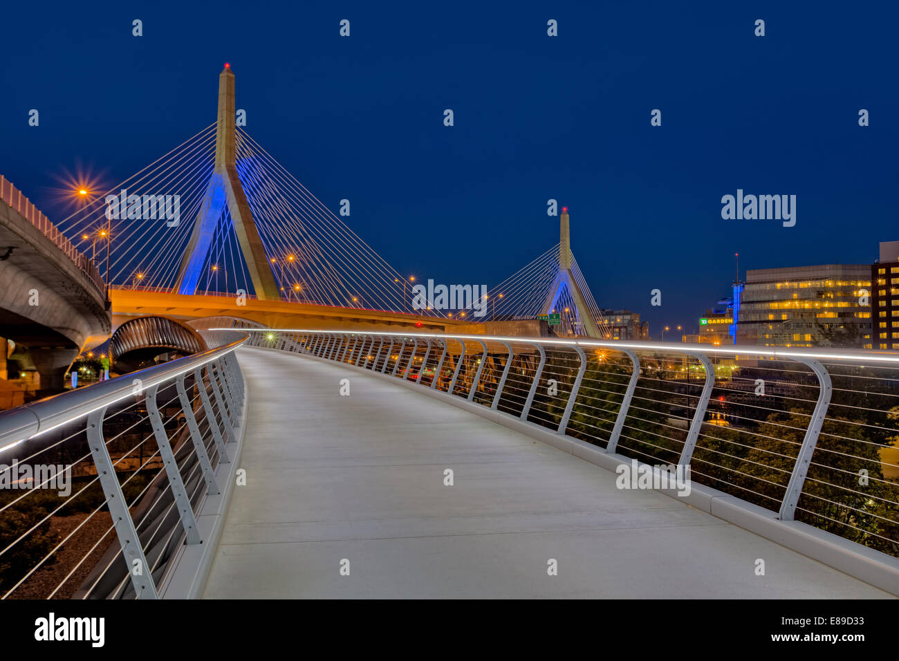 The Leonard P. Zakim Bunker Hill Memorial Bridge is a cable-stayed bridge across the Charles River in Boston, Massachusetts. Stock Photo