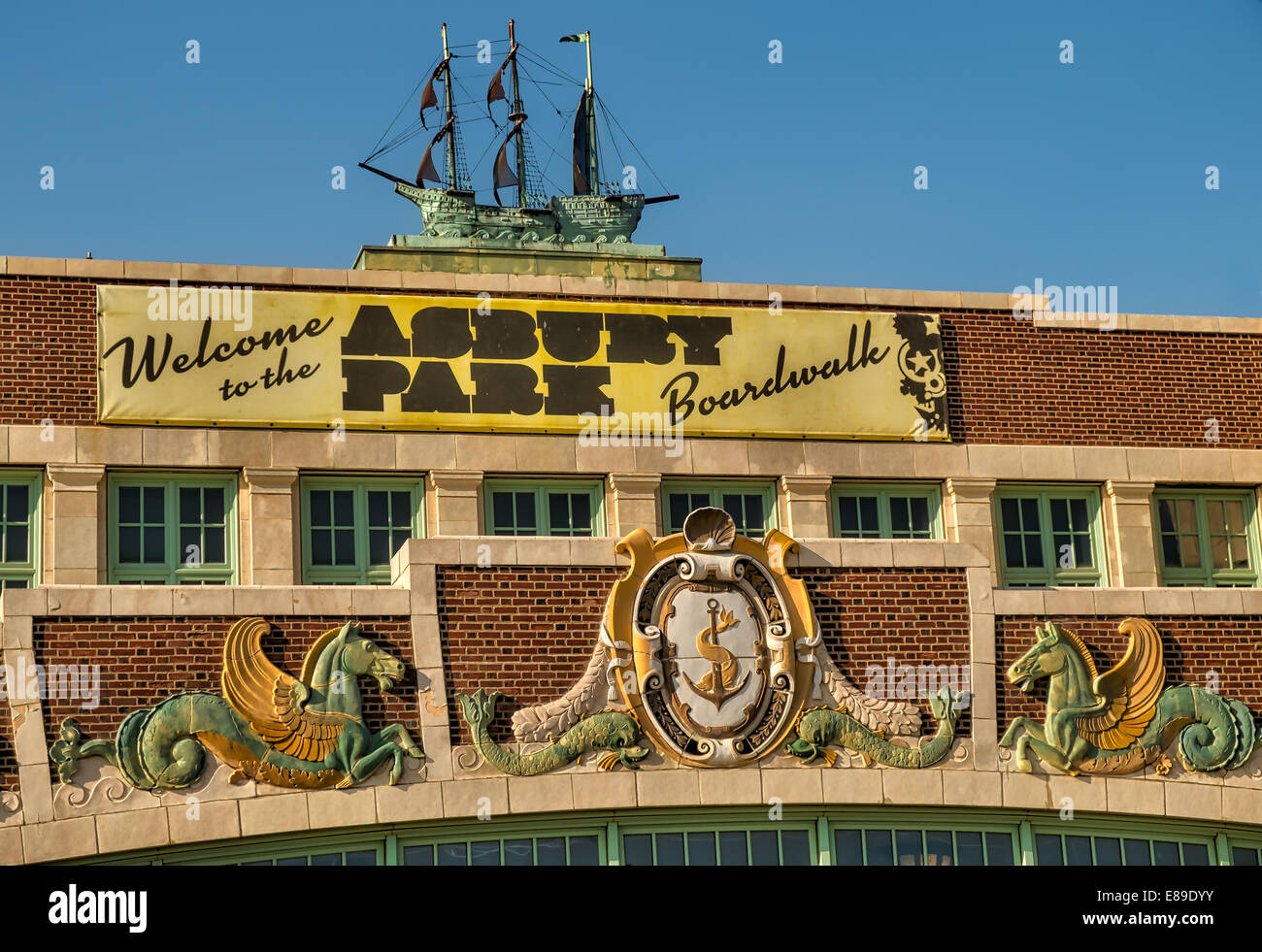 Welcome to the Asbury Park Boardwalk sign in  Monmouth County, New Jersey. Stock Photo
