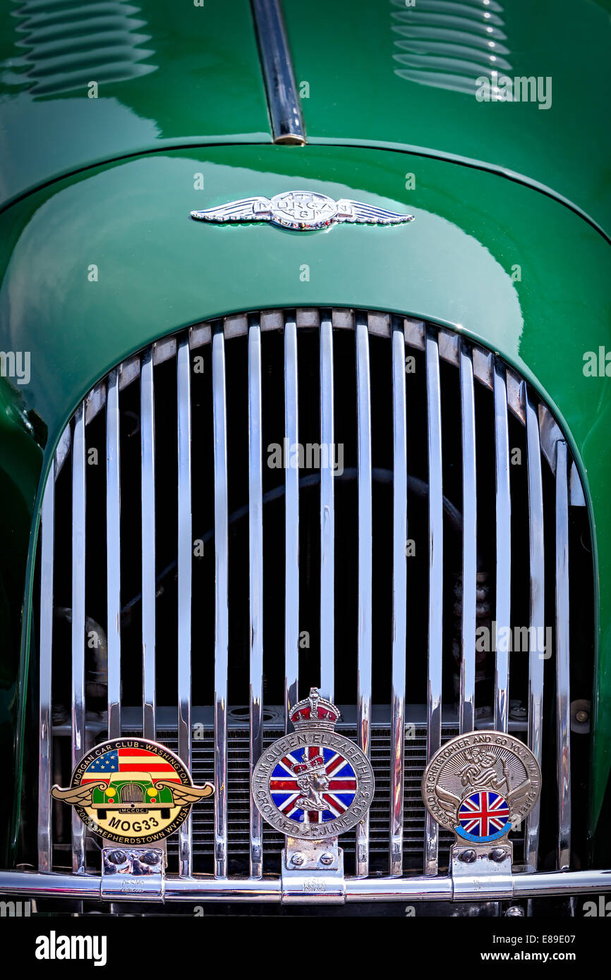 Morgan Plus 8 Classic British Car hood and grill closeup. Stock Photo