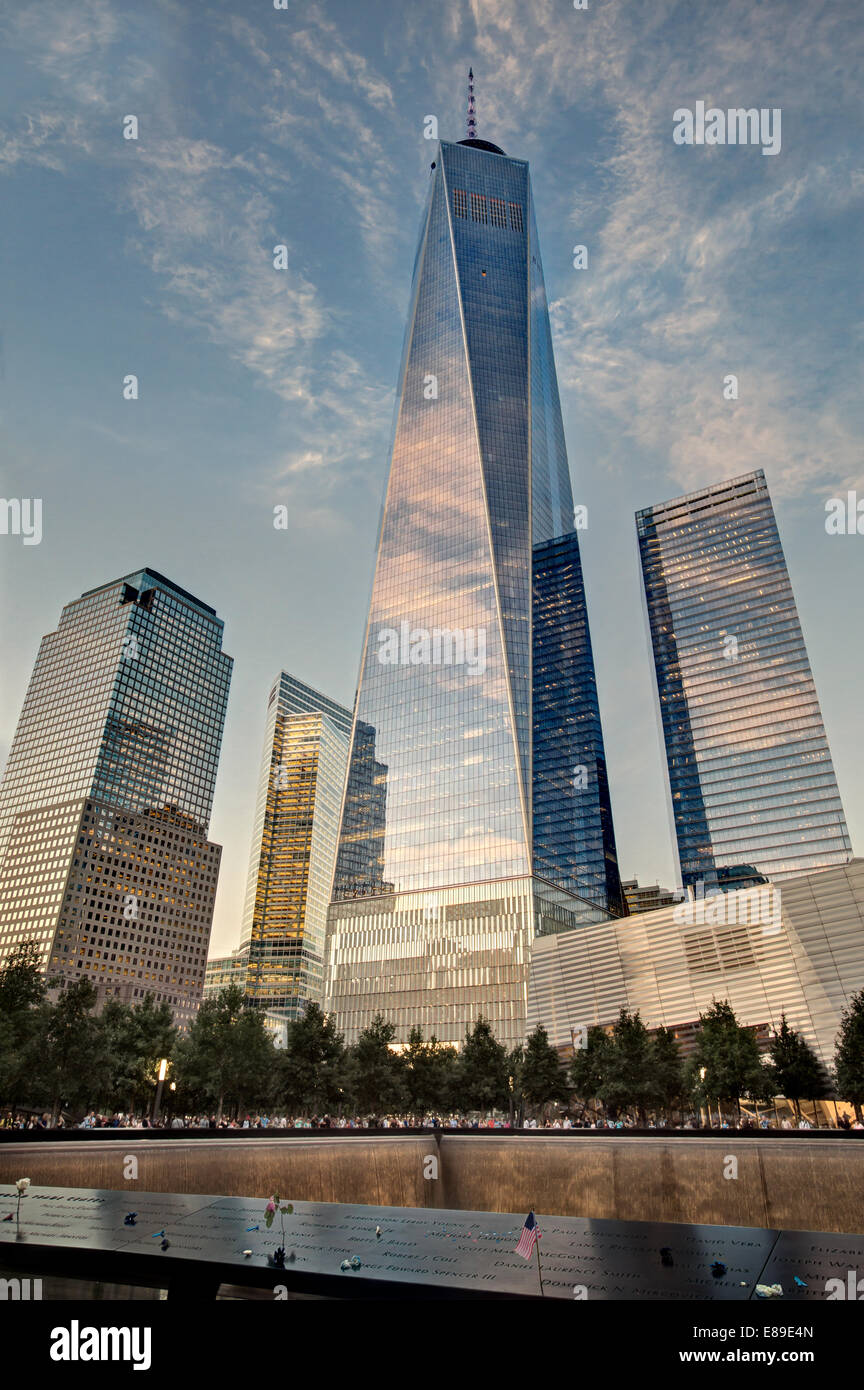 911 Memorial Reflecting Pools along with One World Trade Center commonly known as the Freedom Tower. Stock Photo