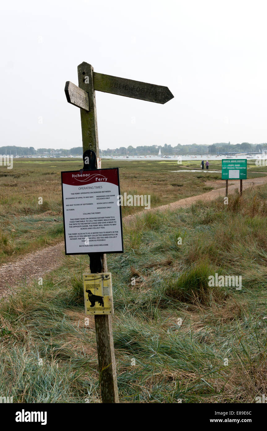 Sign for the Itchenor passenger ferry, Bosham Hoe, West Sussex Stock Photo