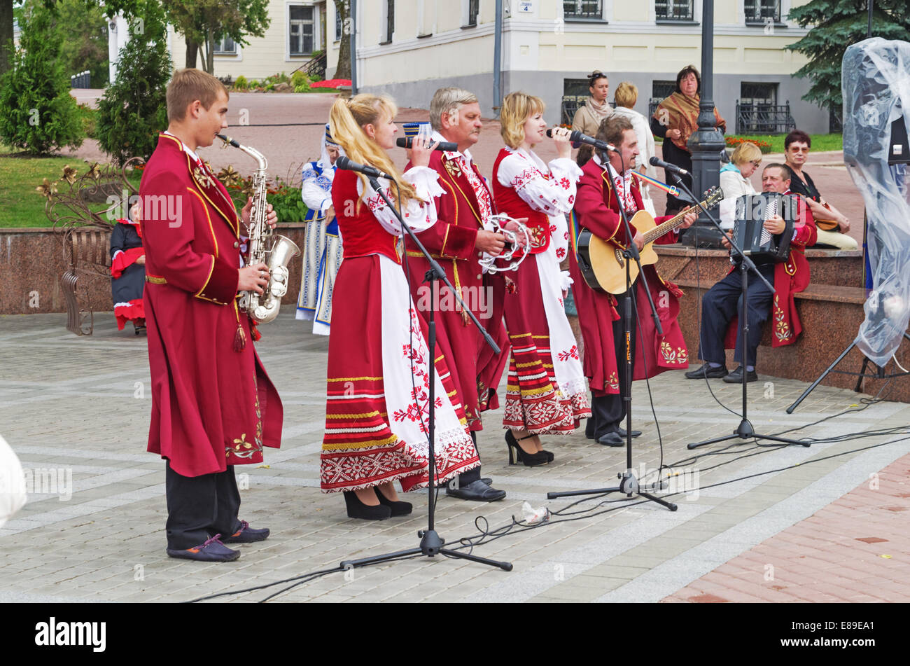The Belarus folklore groups dance and sings on streets in Vitebsk Stock