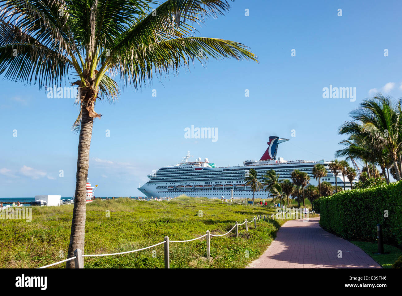 Miami Beach Florida,South Pointe Park,Point,Atlantic Ocean,departing,cruise ship,Carnival Victory,FL140420037 Stock Photo