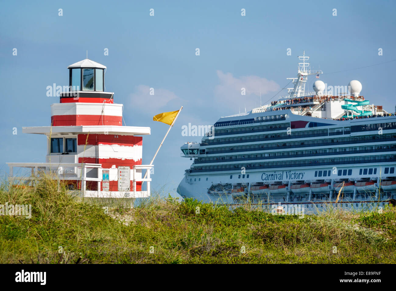 Miami Beach Florida,South Pointe Park,Point,Atlantic Ocean,departing,cruise ship,Carnival Victory,lifeguard station,FL140420040 Stock Photo