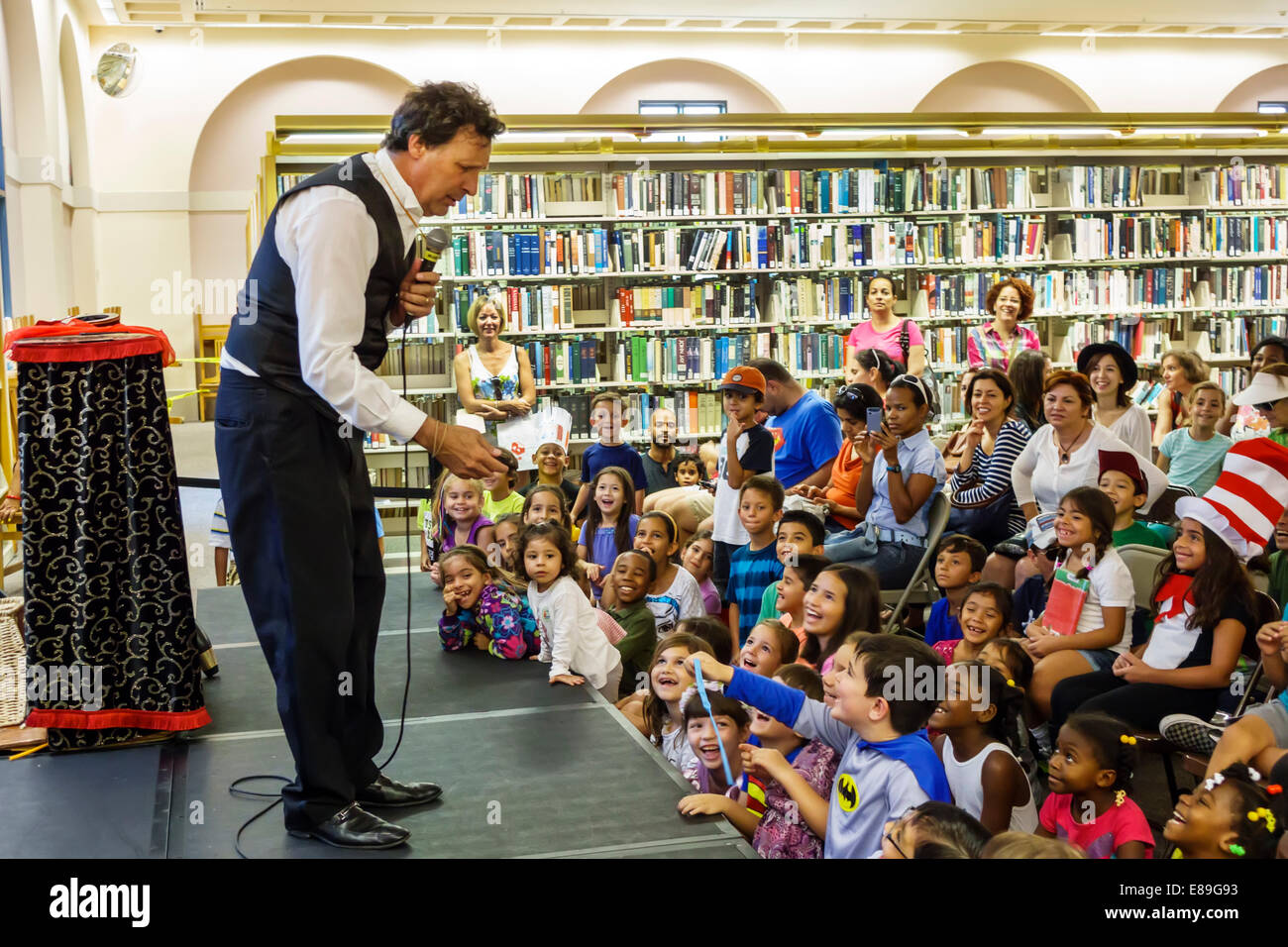 Miami Florida,Miami-Dade Public Library,Annual International Art of Storytelling Family Festival,free interior,magician,man men male,performing,speaki Stock Photo