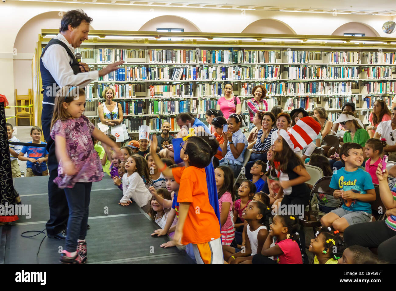 Miami Florida,Miami-Dade Public Library,Annual International Art of Storytelling Family Festival,free event,interior inside,magician,adult adults man Stock Photo