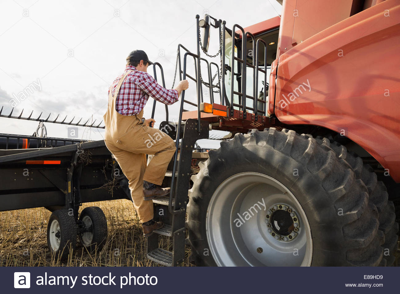 Farmer climbing into combine harvester Stock Photo