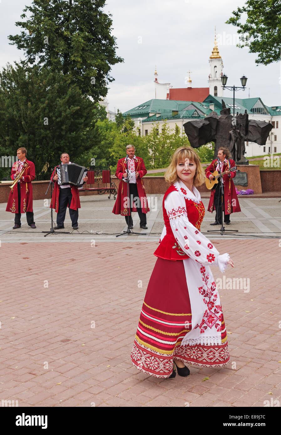 The Belarus folklore groups dance and sings on streets in Vitebsk Stock