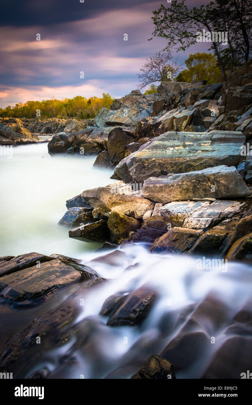 Long exposure at sunset of rapids at Great Falls Park, Virginia. Stock Photo