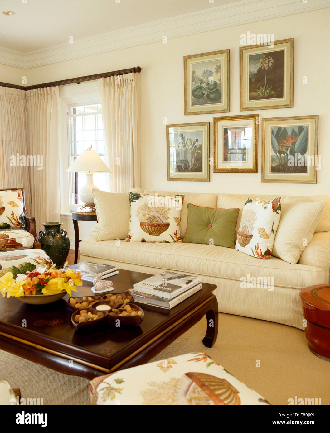 Group of framed botanical prints above white sofa piled with cushions in white coastal living room Stock Photo