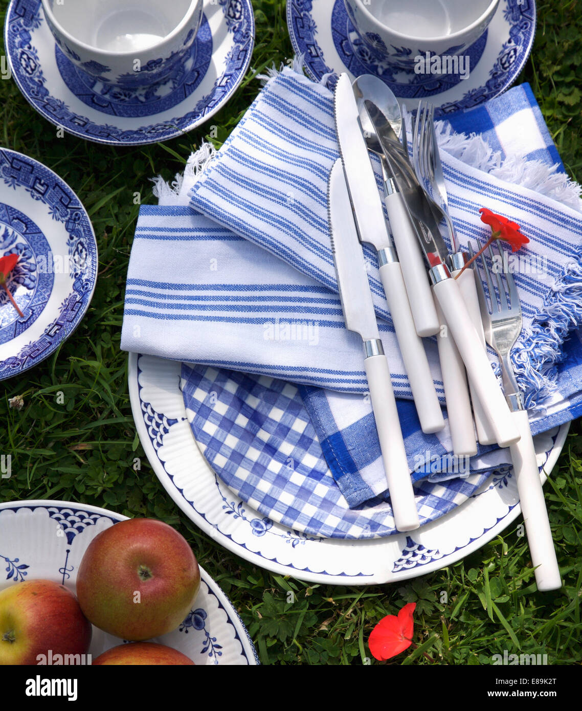 Close-up of white-handled cutlery and blue striped napkins with blue china Stock Photo