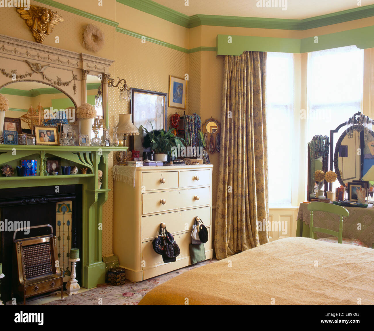 Overmantel Mirror Above Green Fireplace With Old Electric Fire In