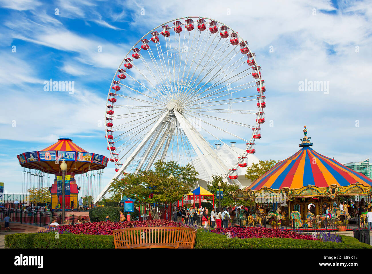 Navy Pier, Chicago Ferris Wheel  and Carousels,  Illinois Stock Photo