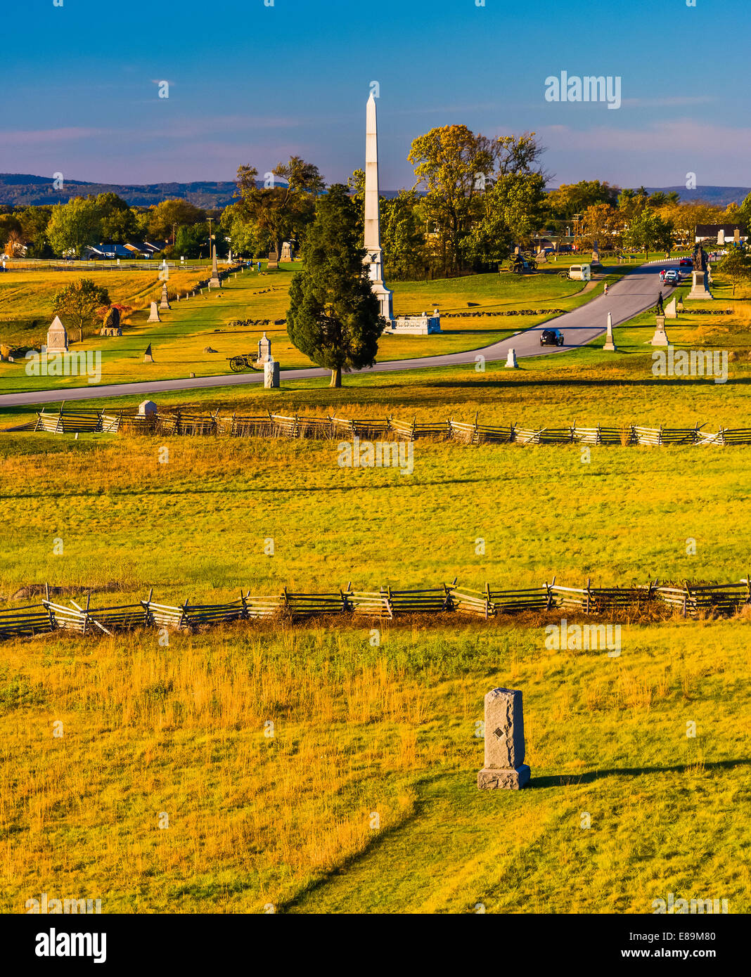 View of battlefields and monuments from the Pennsylvania Monument in Gettysburg, Pennsylvania. Stock Photo