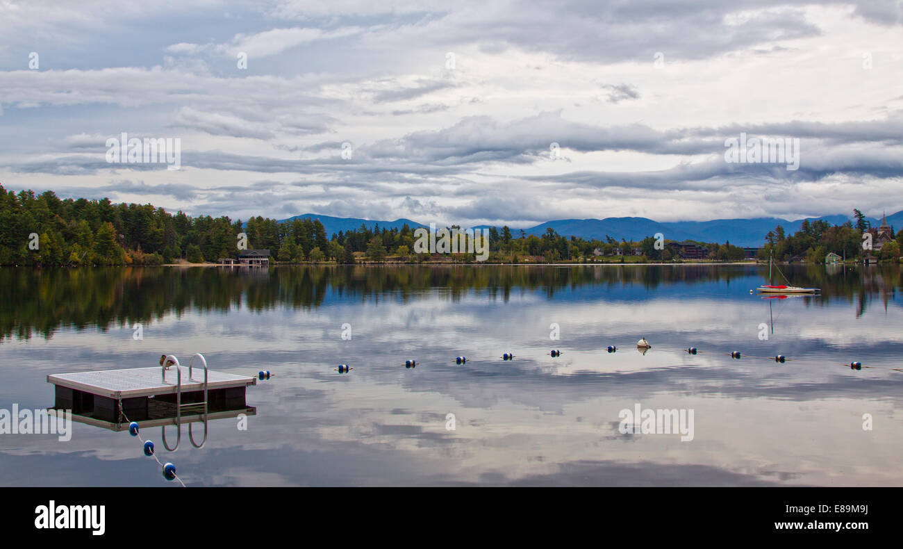 Mirror Lake, Lake Placid, New York State, USA, lake, peace, reflections, landscape, cottage, summer, vacation, camping, swimming, fun, happy, nature Stock Photo