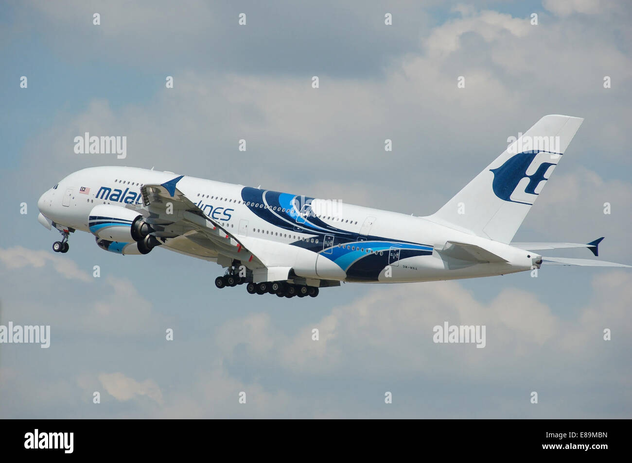 Malaysia Airlines Airbus A380-800 (9M-MNA) departs London Heathrow Airport, England. Stock Photo