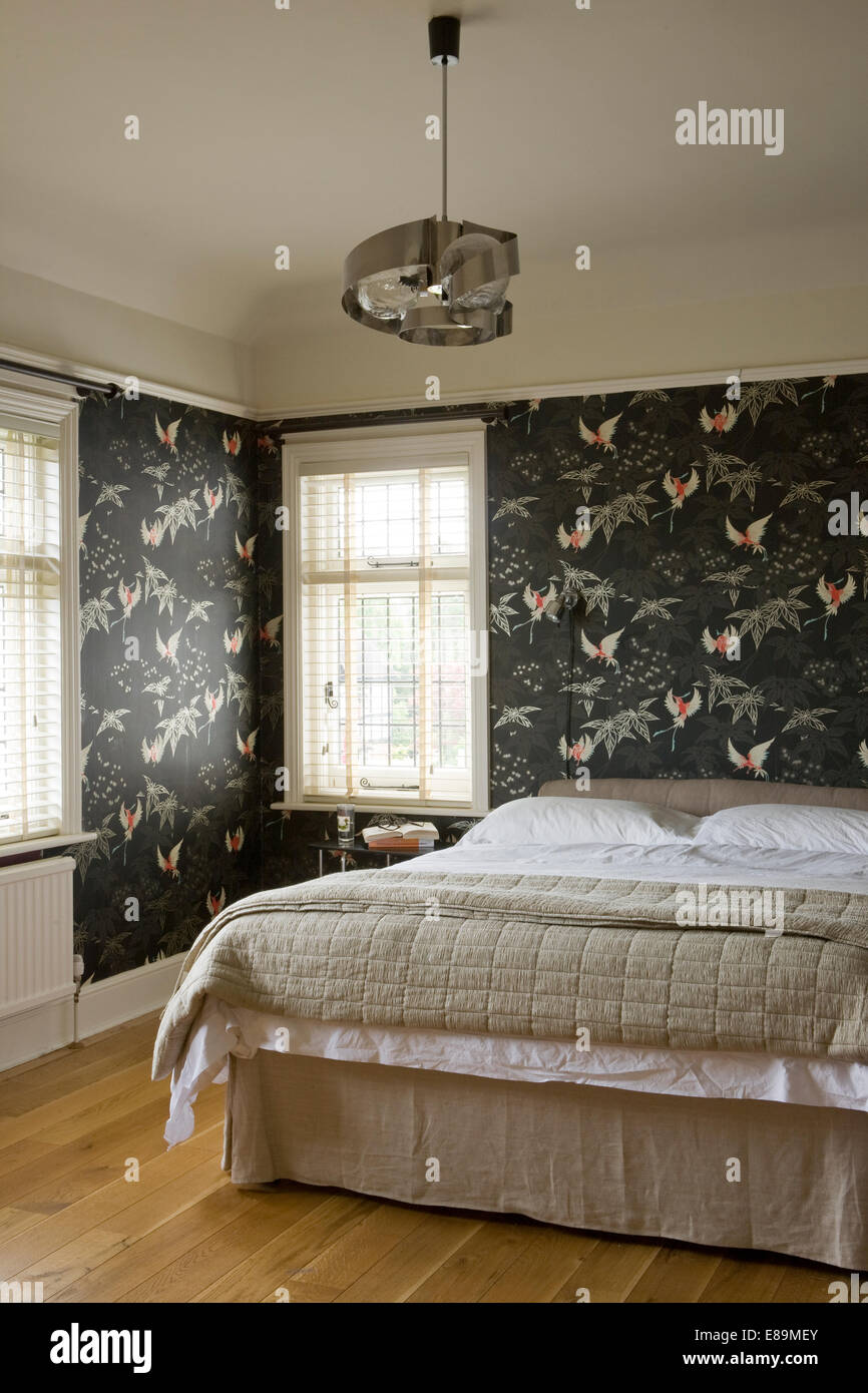 Grey Floral Patterned Wallpaper In Modern Bedroom With Beige