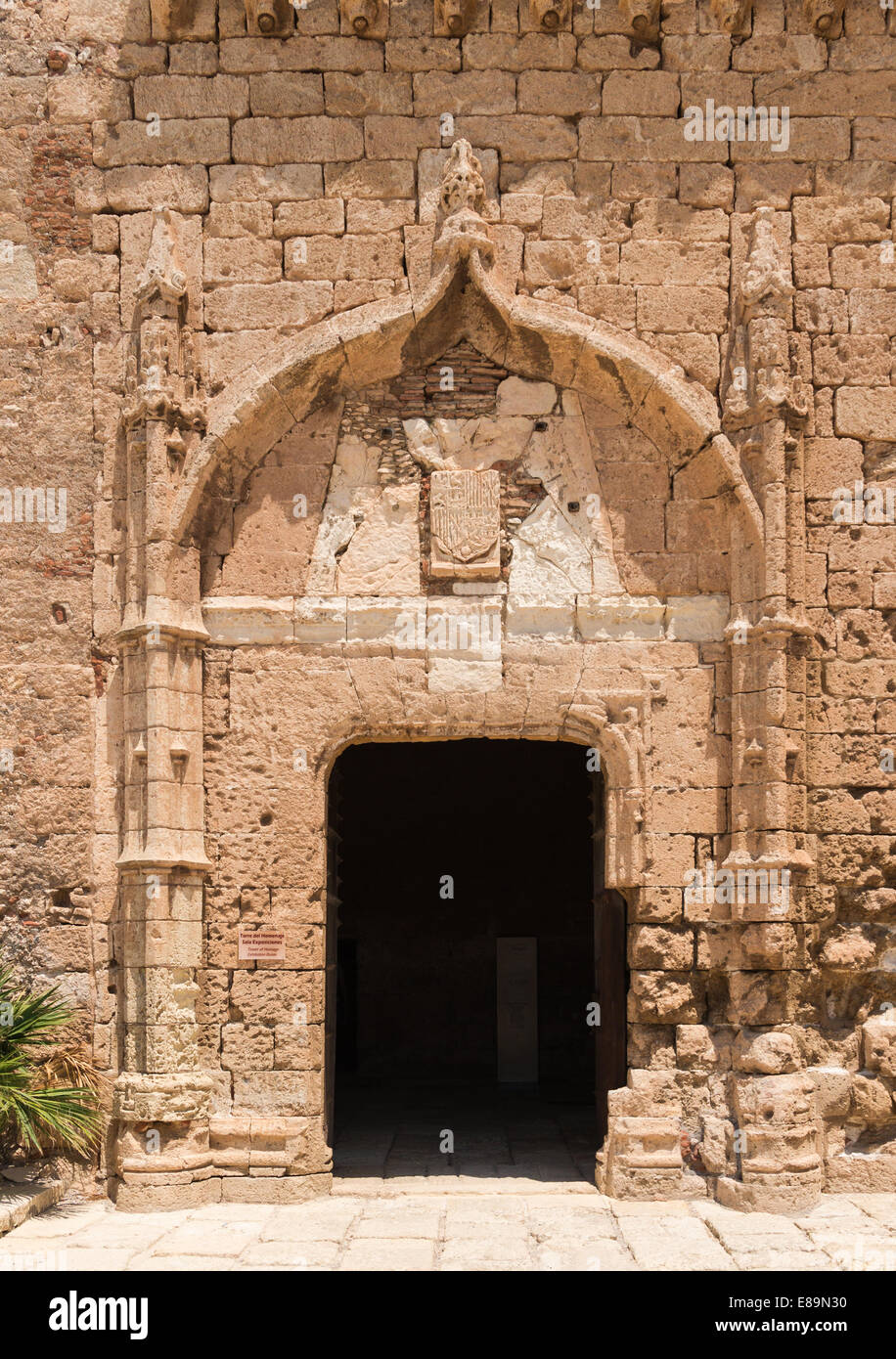 'Homage Tower', entrance, CoA of Catholic Monarchs, Alcazaba, Almeria, Spain. Stock Photo
