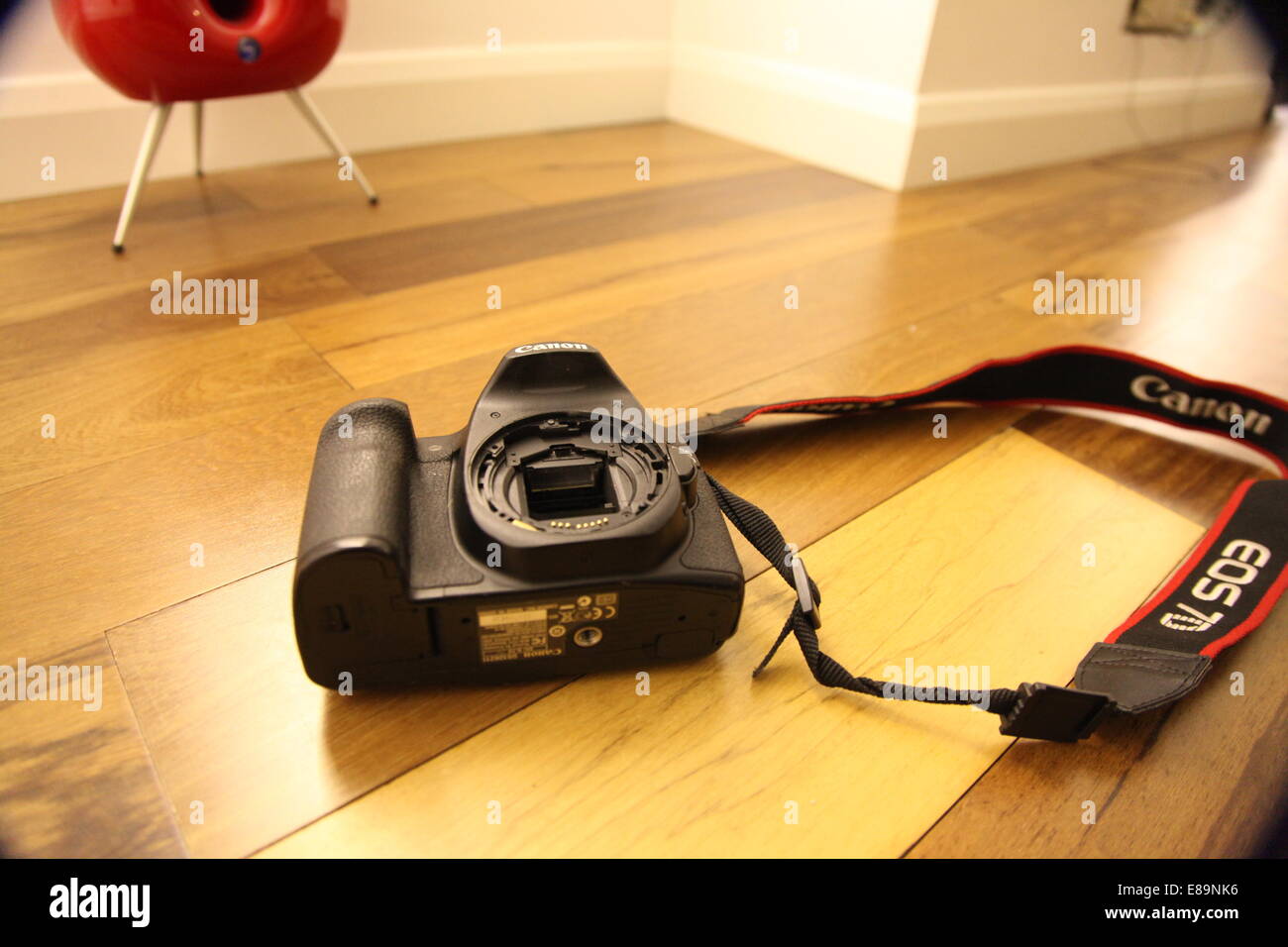 Parts of a broken Canon 50d DSLR camera laying on a wooden floor Stock