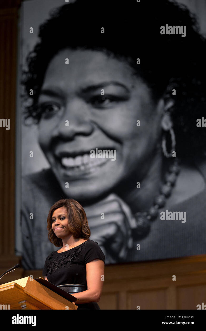 First Lady Michelle Obama delivers remarks at a private memorial service for Dr. Maya Angelou at Wake Forest University's Wait Chapel in Winston-Salem, N.C., June 7, 2014. Stock Photo