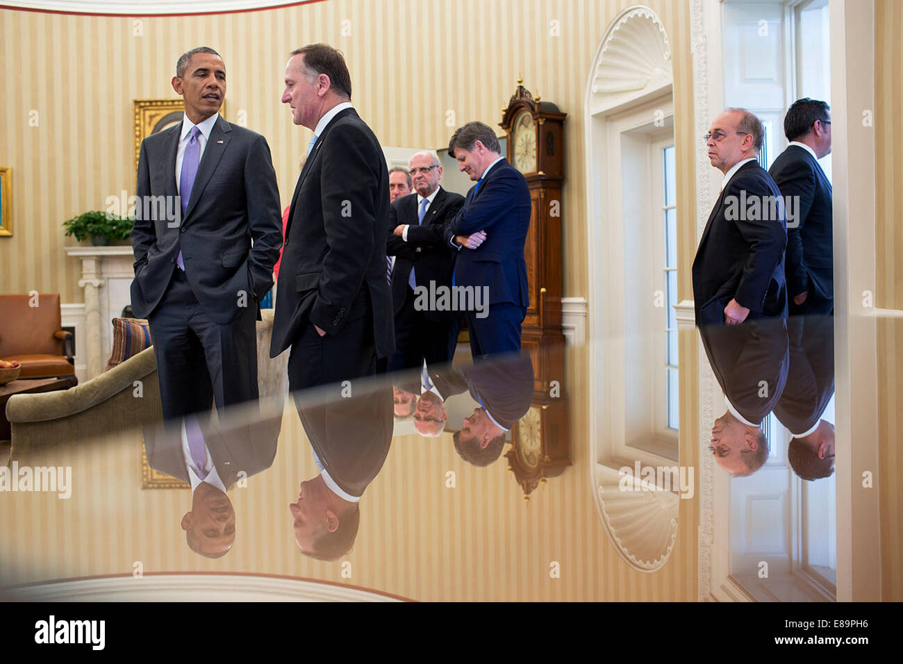 President Barack Obama talks with Prime Minister John Key of New Zealand in the Oval Office, June 20, 2014. Stock Photo