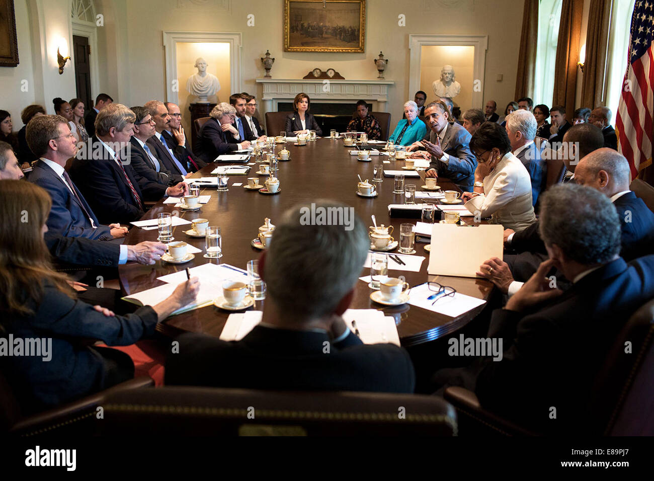 President Barack Obama holds a Cabinet meeting in the Cabinet Room of the White House, July 1, 2014. Stock Photo
