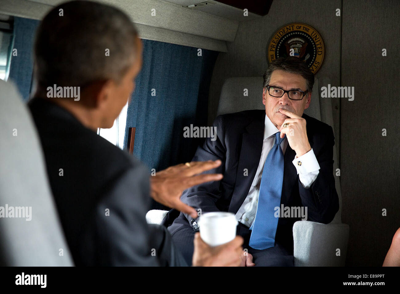 President Barack Obama and Gov. Rick Perry, R-Texas, travel aboard Marine One from Dallas/Fort Worth International Airport to Dallas Love Field in Dallas, Texas, July 9, 2014. Stock Photo