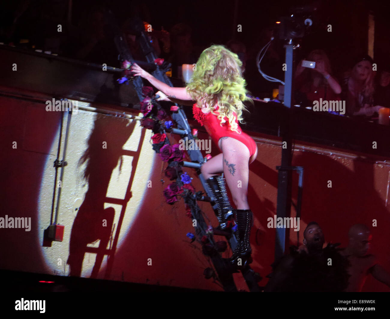 Lady Gaga performs to a sold-out crowd at Roseland Ballroom, the second  performance of her seven-night run at the legendary New York City venue  before it closes. During the concert, Gaga climbed