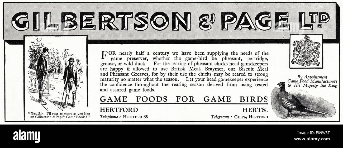 1920s advertisement for food for game birds by GILBERTSON & PAGE LTD of Hertford in English magazine dated June 1929 Stock Photo