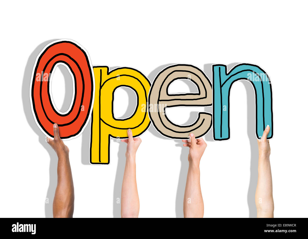 Multiethnic Group of Hands Holding Word Open Stock Photo - Alamy