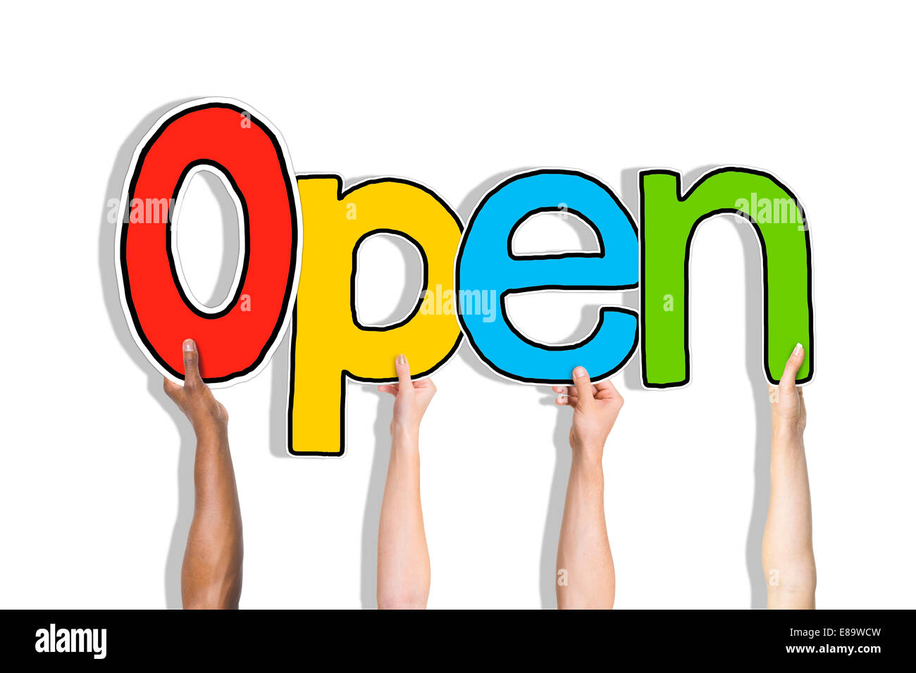 Multiethnic Group of Hands Holding Word Open Stock Photo - Alamy