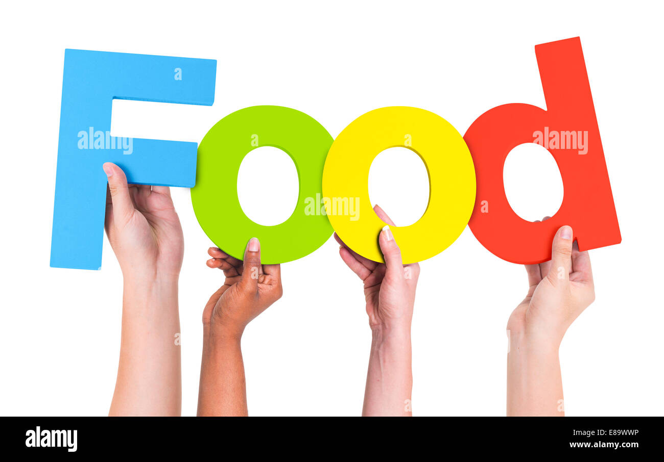 Multiethnic Arms Raised Holding Text Food Stock Photo