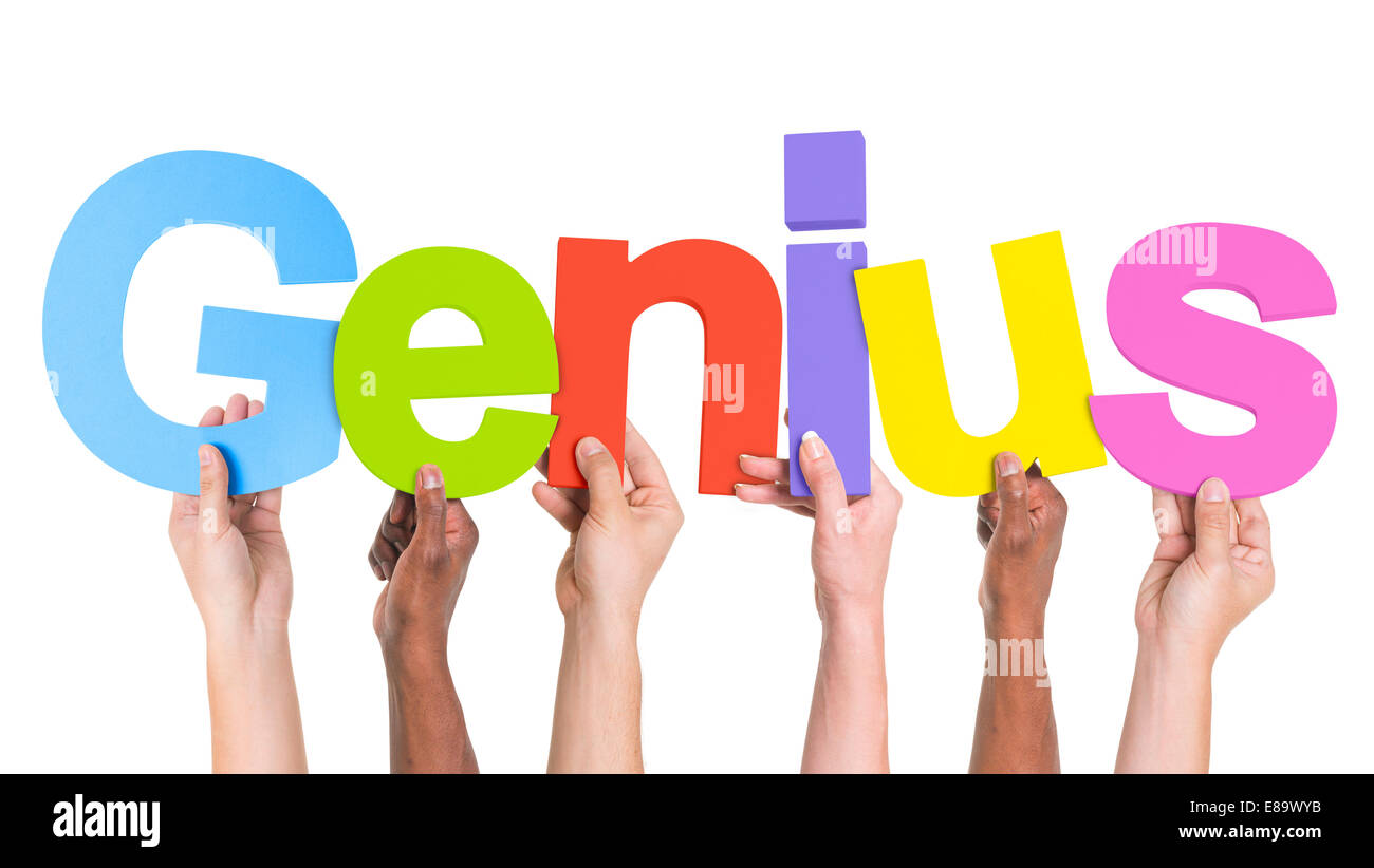 Different Genius Diverse Hands Holding The Word Genius Stock Photo - Alamy